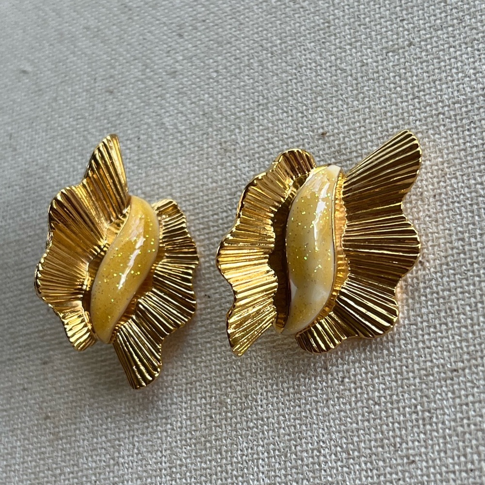 Vintage Gold Ruffle Earrings with Glitter Enamel Accent - Picture 2 of 5